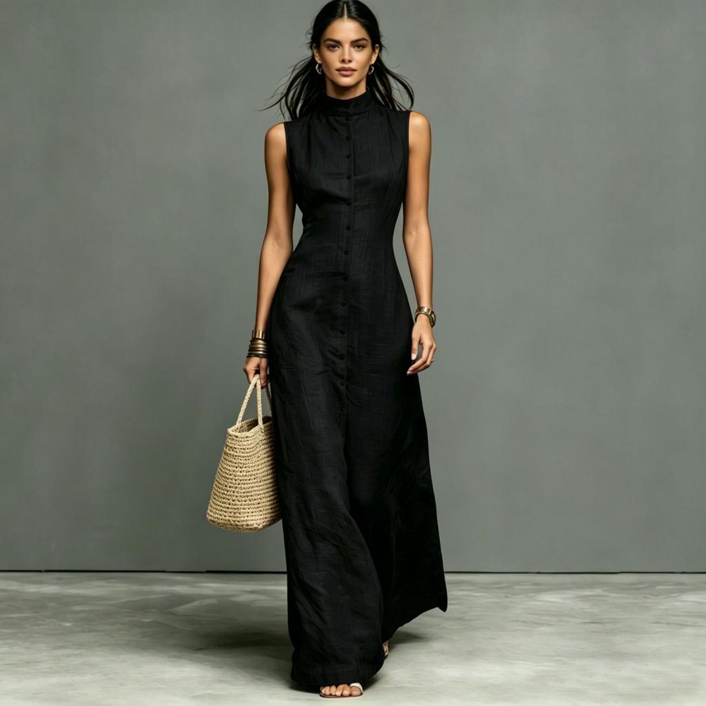 Damen ärmelloses Maxikleid mit hohem Kragen und Knöpfen, einfarbig, lässig, locker sitzend, Sommerkleid