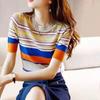 Summer Women's Color Block Striped Knit Top Crew Neck Short Sleeve Slim T-Shirt
