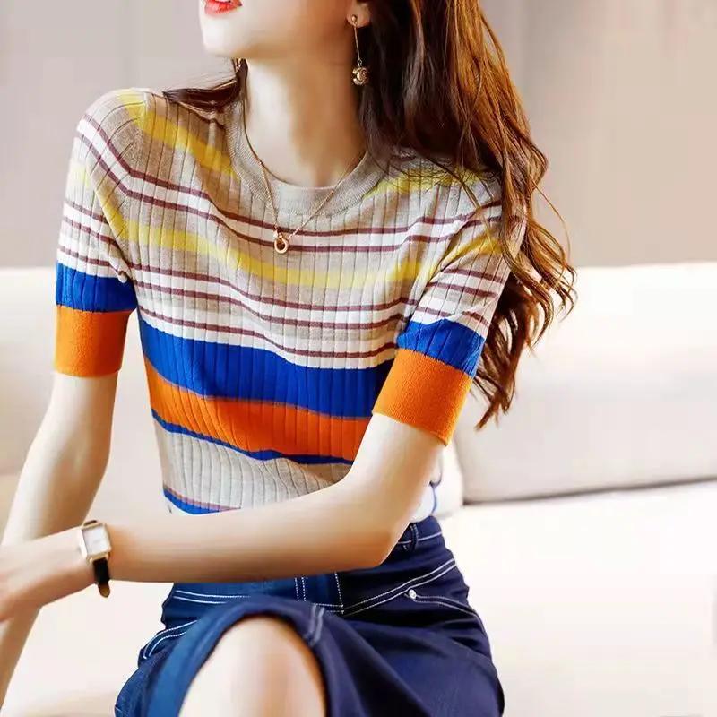 Summer Women's Color Block Striped Knit Top Crew Neck Short Sleeve Slim T-Shirt