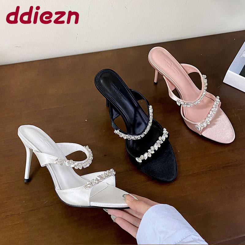 Fashion Luxury Fashion Thin Heels Women Pumps Slides Shoes Rhinestones Female Slip On Footwear Round Toe Ladies Heeled Shoes Sandals