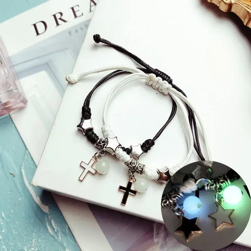 2PC Luminous Beads Star Couple Bracelet for Women Men Charm Cat Flower Heart Key Lock Cross Matching Friend Bracelets Jewelry