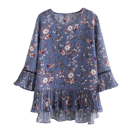 

Летние женские топы с круглым вырезом и рукавами 3/4, футболка с рюшами по подолу, свободная шифоновая блузка с цветочным принтом, уличная одежда 2XL синий