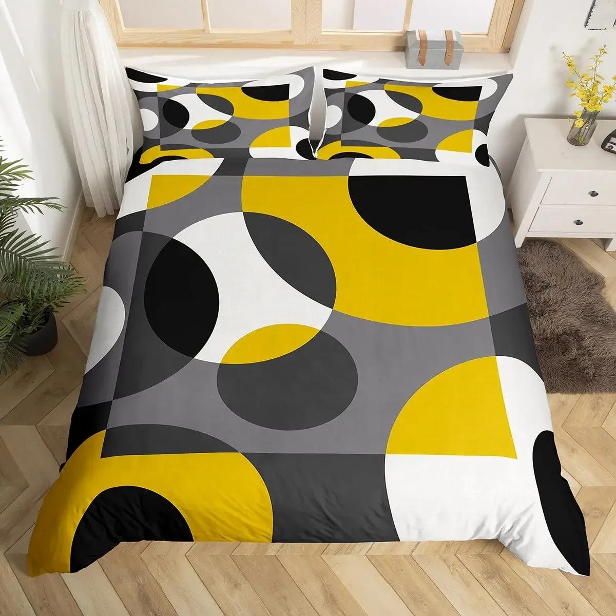 Kreis Bettbezug Geometrie Bettwäsche Set Abstrakte Wirbel Streifen Linienkunst Deckenbezug Retro Patchwork Geometrisches Bettset 150x200cm 3pcs black