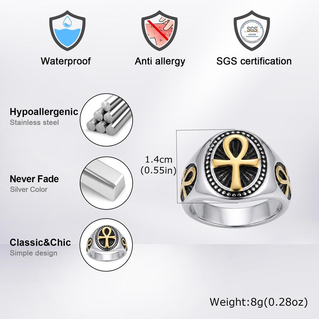 Punk Vintage Ankh Cross Rings for Men Fashion Simple Silver Color Rings Religious Amulet Stainless Steel Jewelry Size 7-12