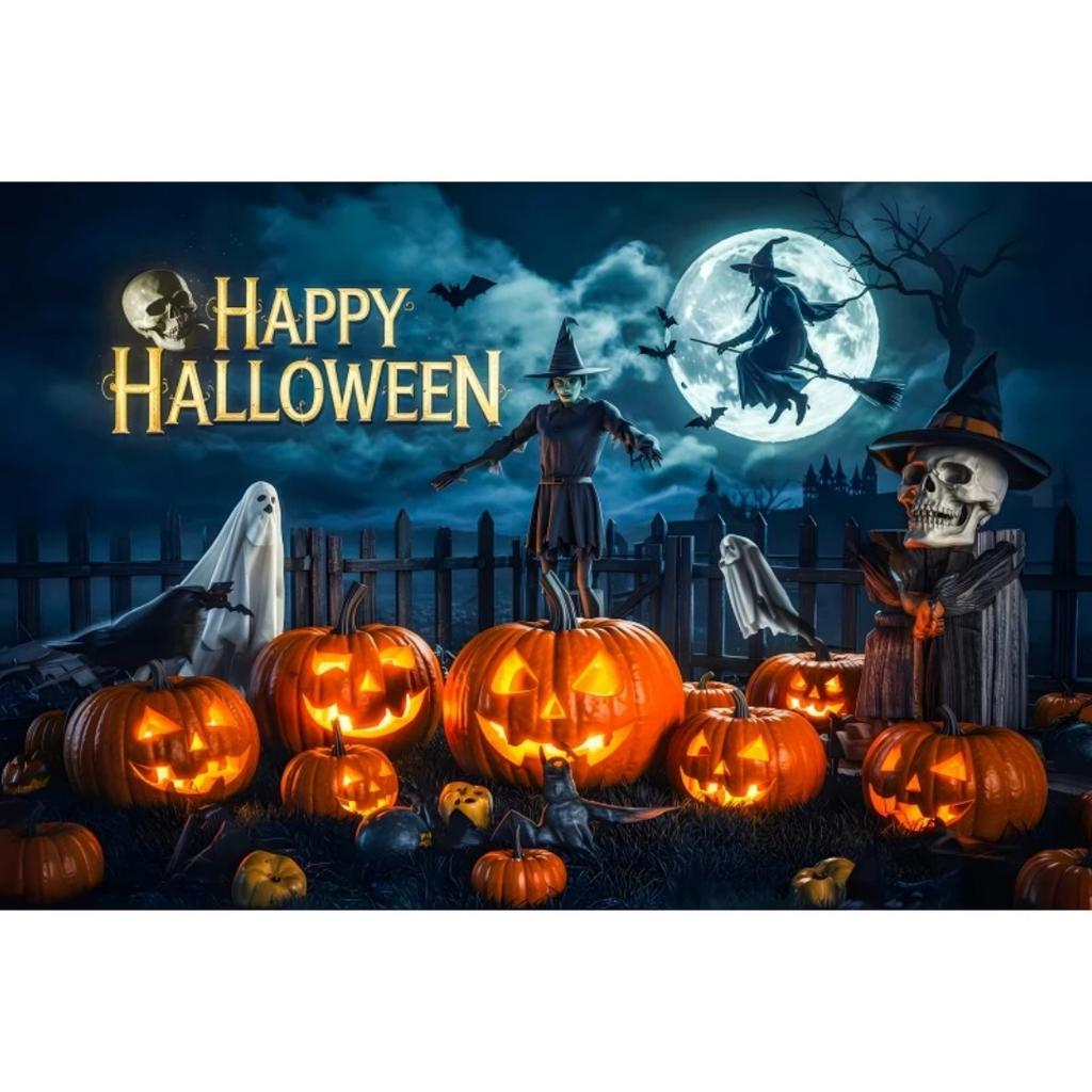 1pc Happy Halloween Party Backdrop with Moon Ghost Witch Scarecrow Pumpkin Bats Banner for Halloween Themed Party Decoration