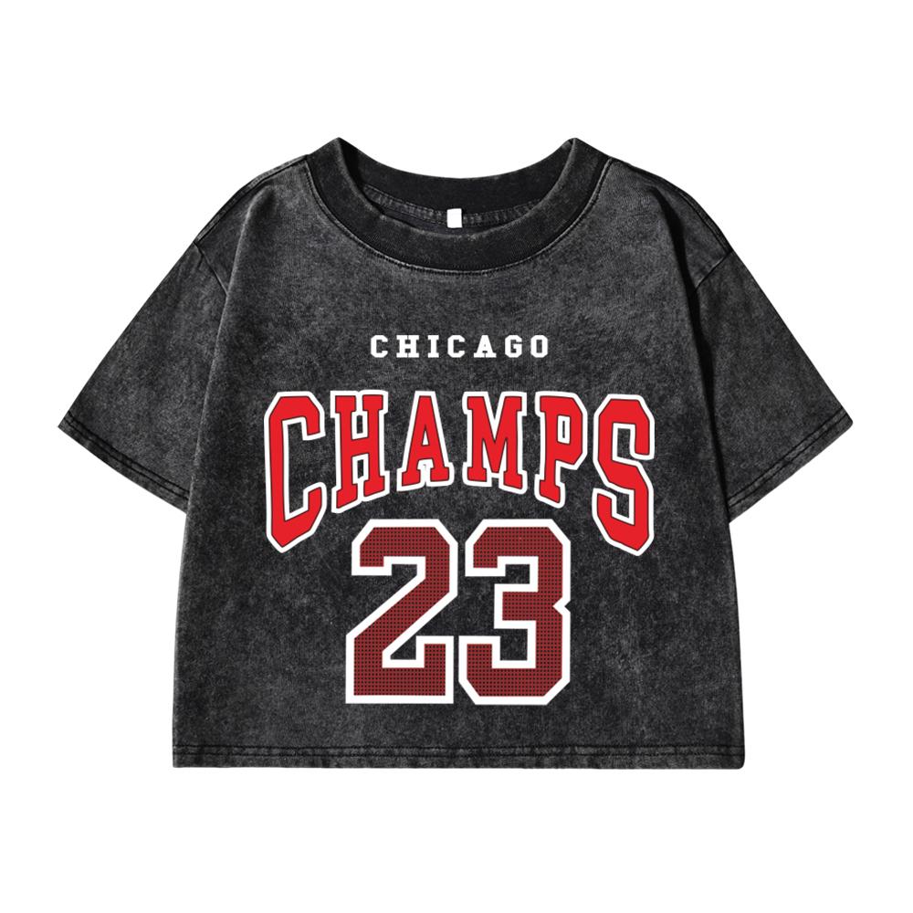 Women Cotton Washed T-Shirts Fashion Regular Fit O-Neck Crop Tops Chicago Champs 23 Printing Short Sleeve Clothes