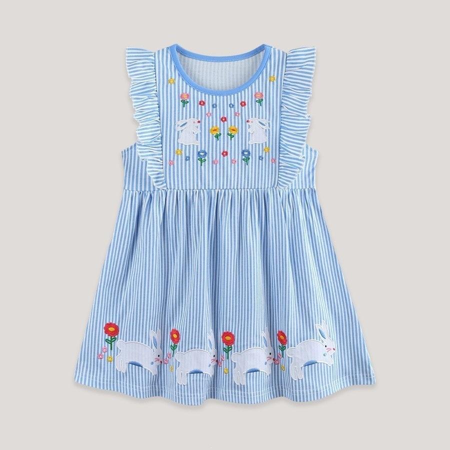Girls Sleeveless Knit Cotton Dress with Bunny Embroidery Princess Summer Wear 90