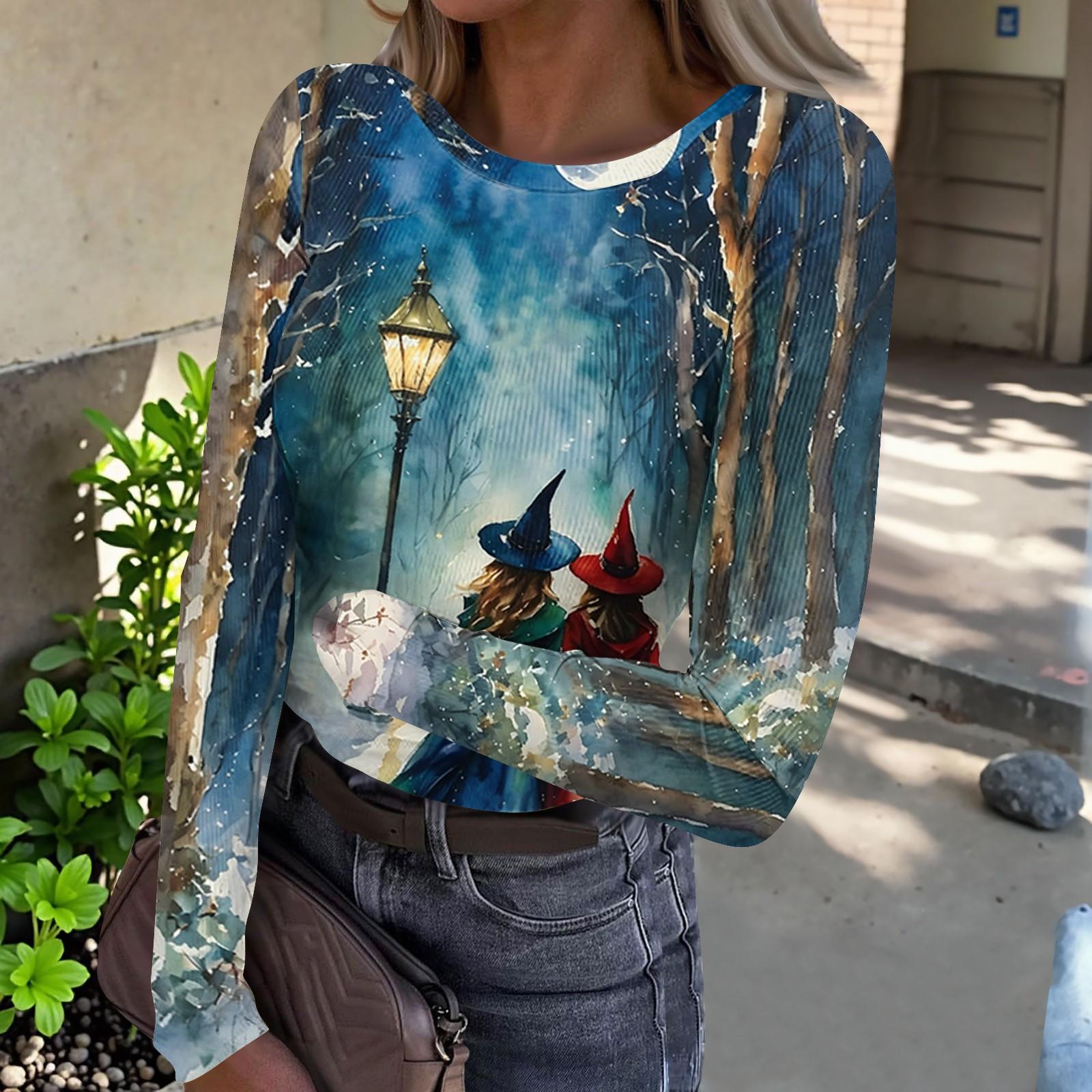 Women s Halloween Printed Neck Long Sleeve Fitted T-Shirt L