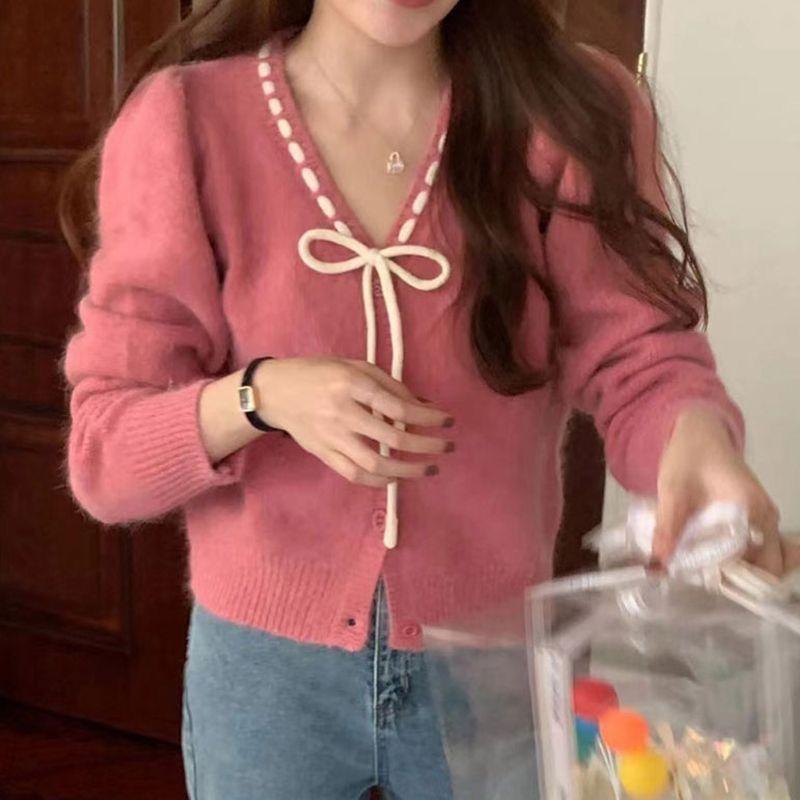 Cardigan Sweater V-neck Bow Design Short Women Spring and Autumn Long Sleeve Small Fragrant Knit Female Tops