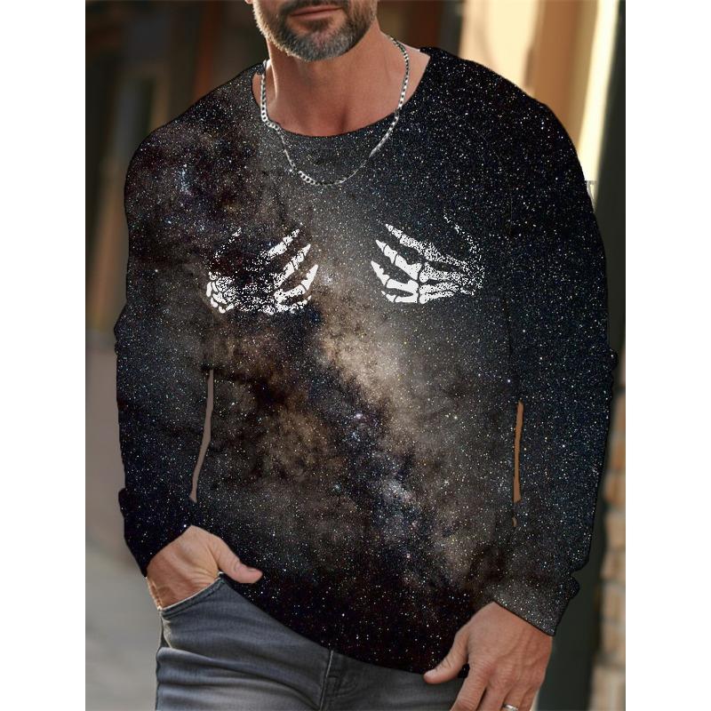 Skull Hand Printed Pullover Autumn and Winter Men's Casual Long Sleeve Round Neck Sweatshirt Gradient Color Men's Clothing