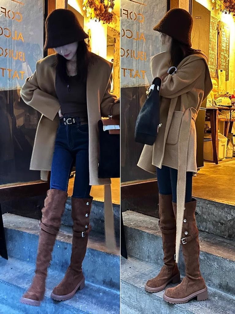2025 new autumn and winter high boots thick-soled but knee knight boots western boots retro two-wear folded boots women
