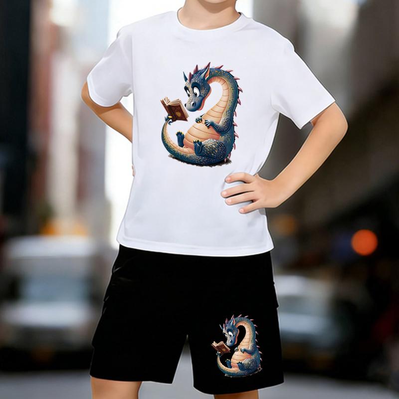 

Boys 2 Piece Dragon reading printed outfit, Short Sleeve T-Shirt and Shorts Set for Kids Age 5-14,White, Black Sporty Casual Summer Clothes 13-14 Years