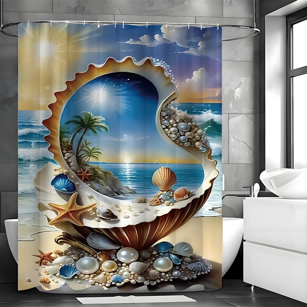 Shell ocean beach flower and plant shower curtain, bathroom decoration shower curtain, waterproof hook shower curtain