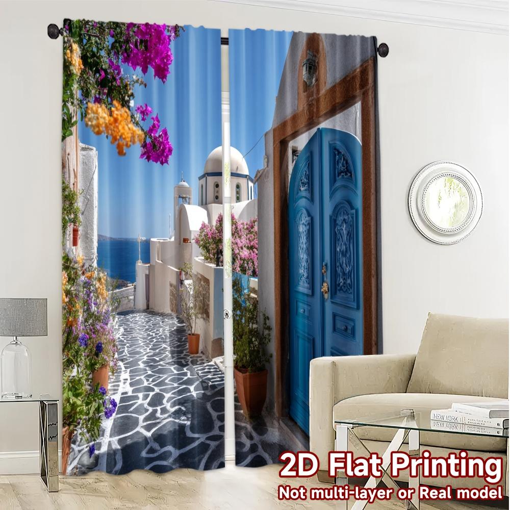2pcs, 2D FLAT PRINTING Curtains (Without Rod) Santorini Bliss(1) Chic Curtain Chic Durable Polyester Curtains Room Decor for