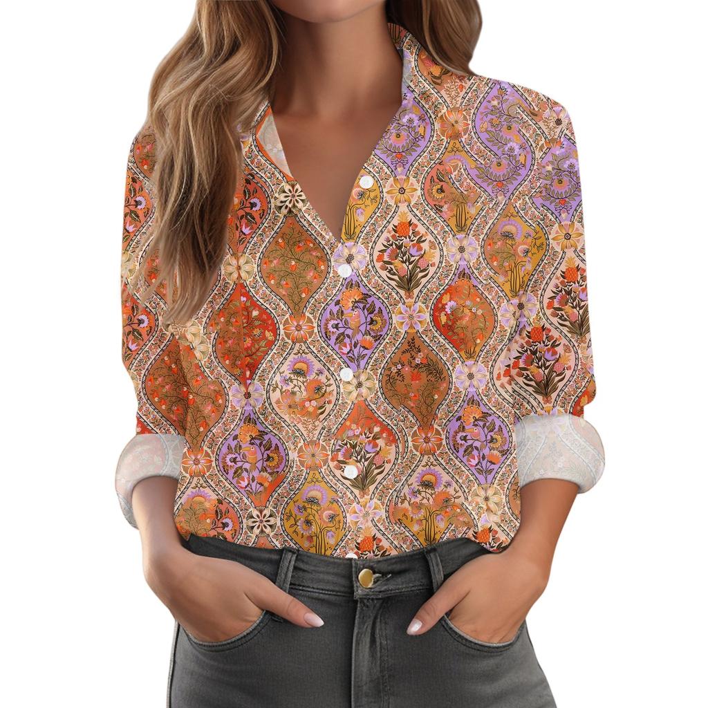 Camicia da Donna con Bottoni a Stampa Floreale, Camicette Casual Regolari a Maniche Lunghe, Top Basic Casual Plus Size