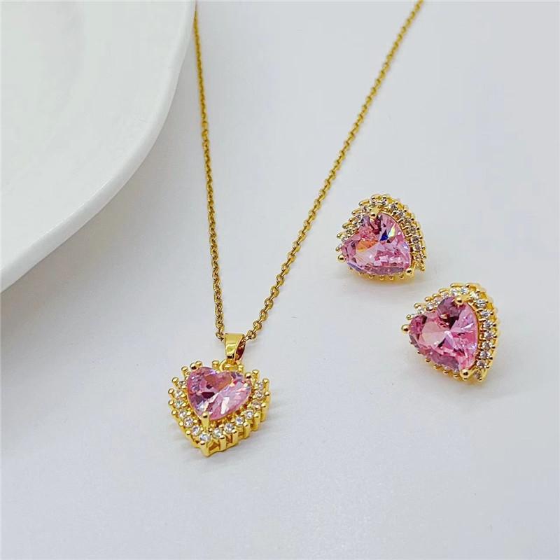 Light Luxury Heart Zircon Jewelry Sets Trendy Geometric Stud Earring Pendant Necklace Stainless Steel Choker For Women Girls