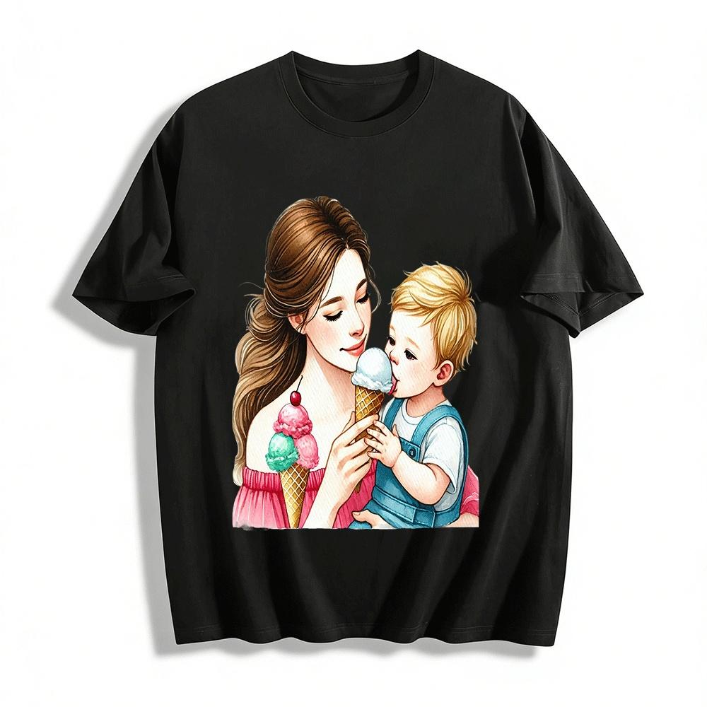 

Mom And Baby Ice Cream Time Printed Casual Parent-child Tops Pure cotton T-shirt XXS