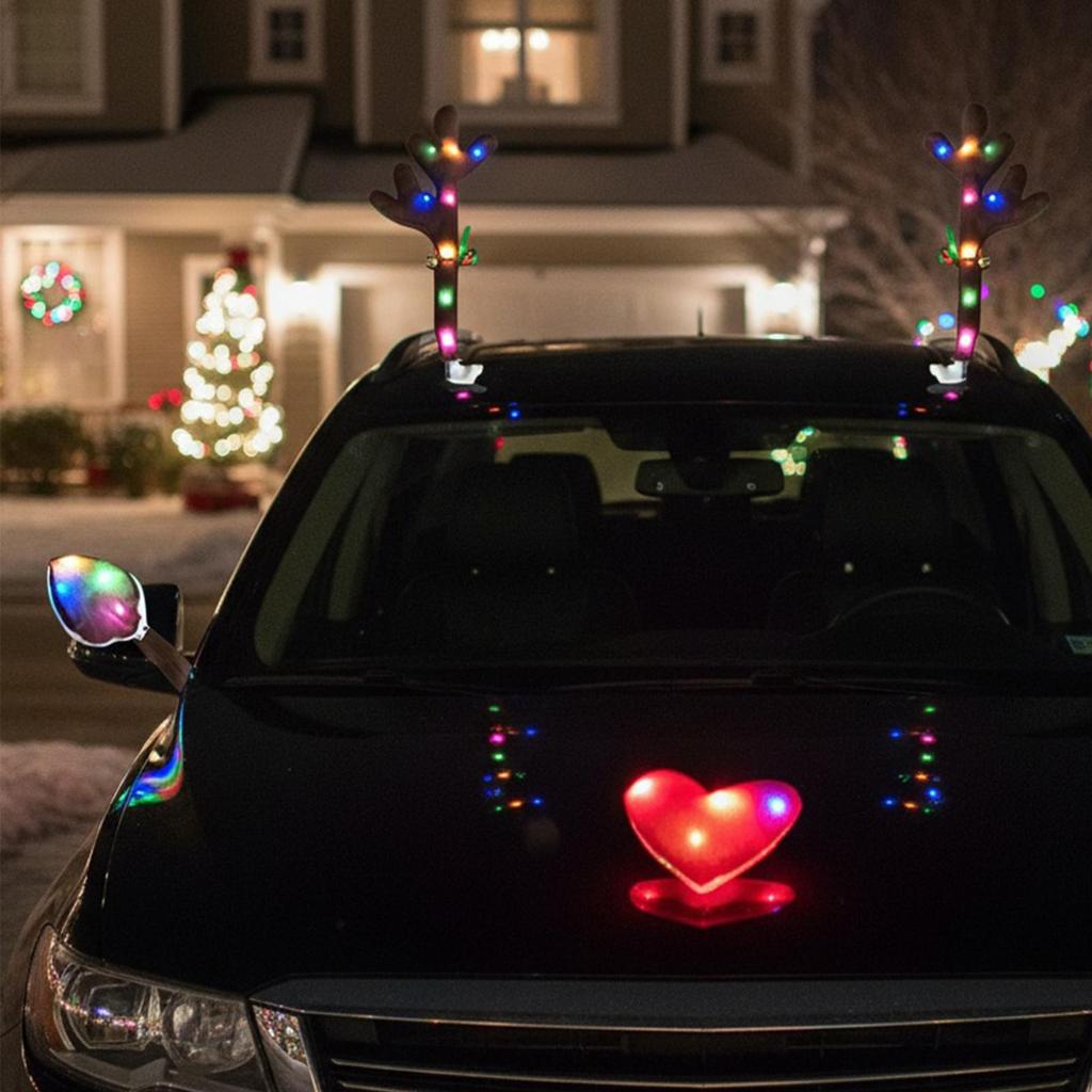 Christmas Reindeer Antlers Car Kit Holiday Decoration With LED Lights Reindeer Car Kit For Holiday Van Party Seasonal