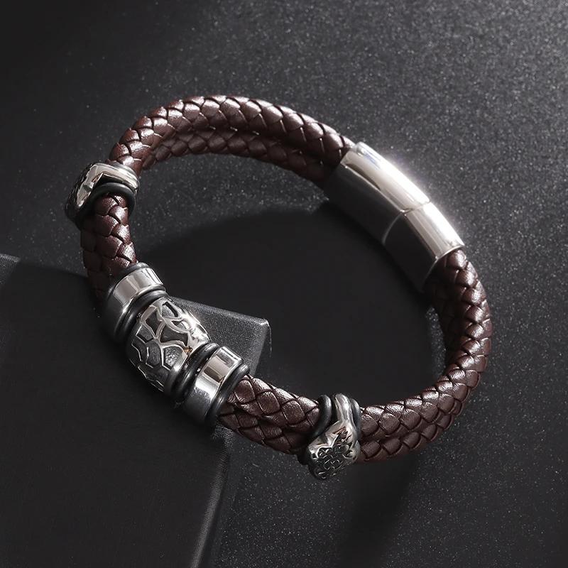 Double Layer Punk Brown Braided Leather Bracelet for Men with Metal Magnetic Clasp Stylish Business Bracelet Jewelry Gift