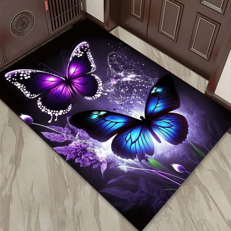 Vibrant Butterfly and Purple Flower Rug for Modern Living Spaces - Unique Floor Decor, 3D Art Carpet, Contemporary Design