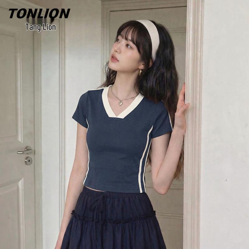 TonLion Women s V-Neck Slim Fit Cropped T-Shirt M