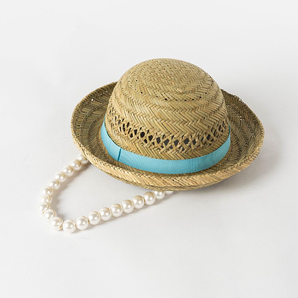 Spring and Summer New Children's Fashion Casual Hollow Hand-woven Dome Curled Edge Large Pearl Chain Straw Hat Outdoor Catwalk Hat