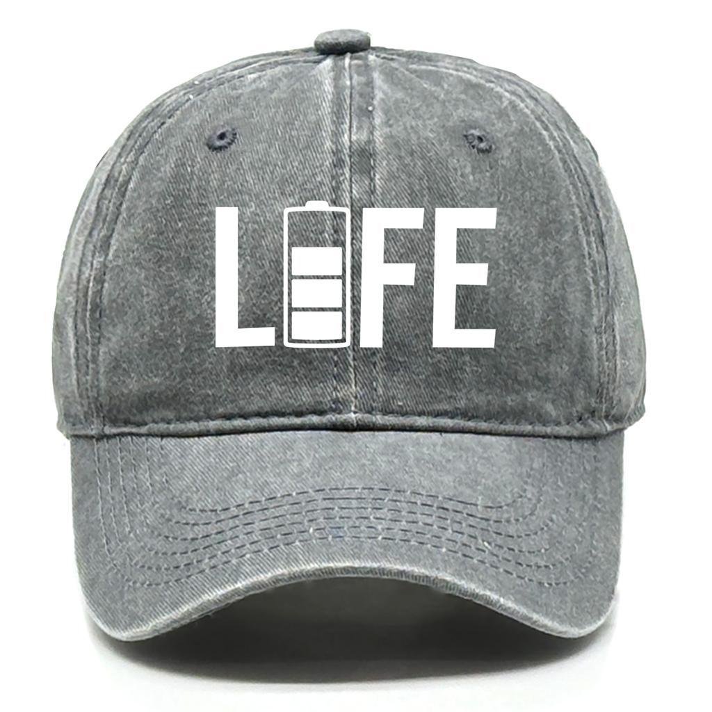 "LIFE" Battery Print Unisex Sun Hat Washed Cotton Hat For Woman Fit Snapback Baseball Hat Perfect For Casual Wear