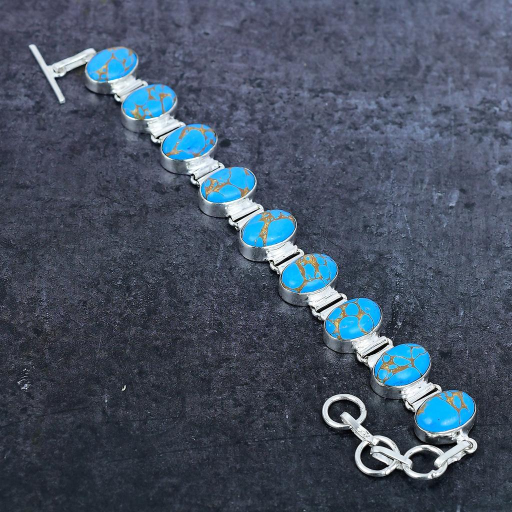 Natural Copper Blue Turquoise Gemstone 925 Sterling Silver Bracelet 7-8" a3D82