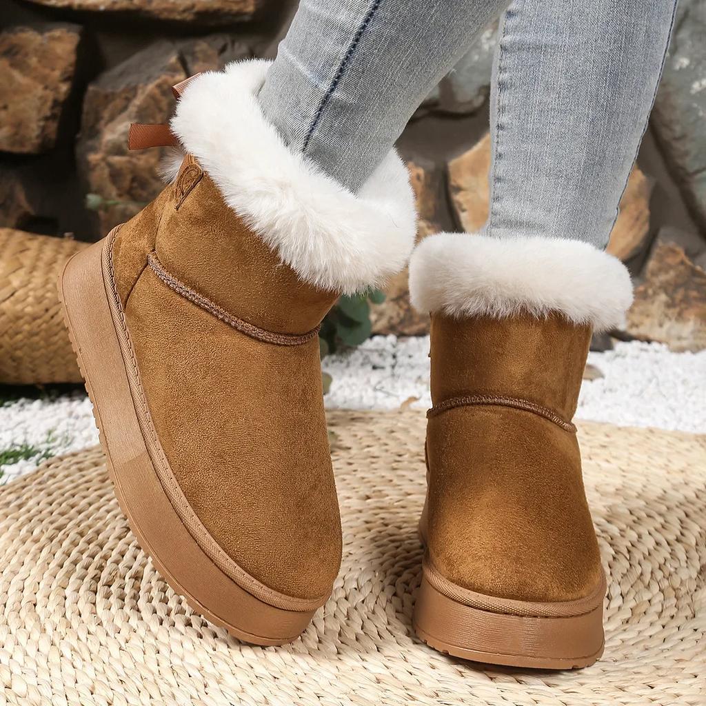 Autumn Winter Thick Bottom Fleece Lined Snow Boots Women's Butterfly Knot Fur Trim Warm Short Boots Rubber Upgraded Version