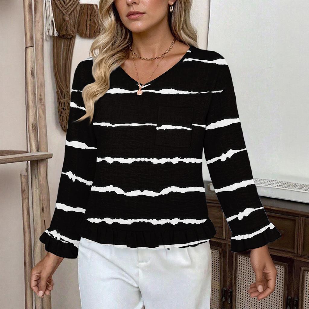 Dámský ležérní módní top s volánky, výstřihem do V, potiskem a dlouhým rukávem