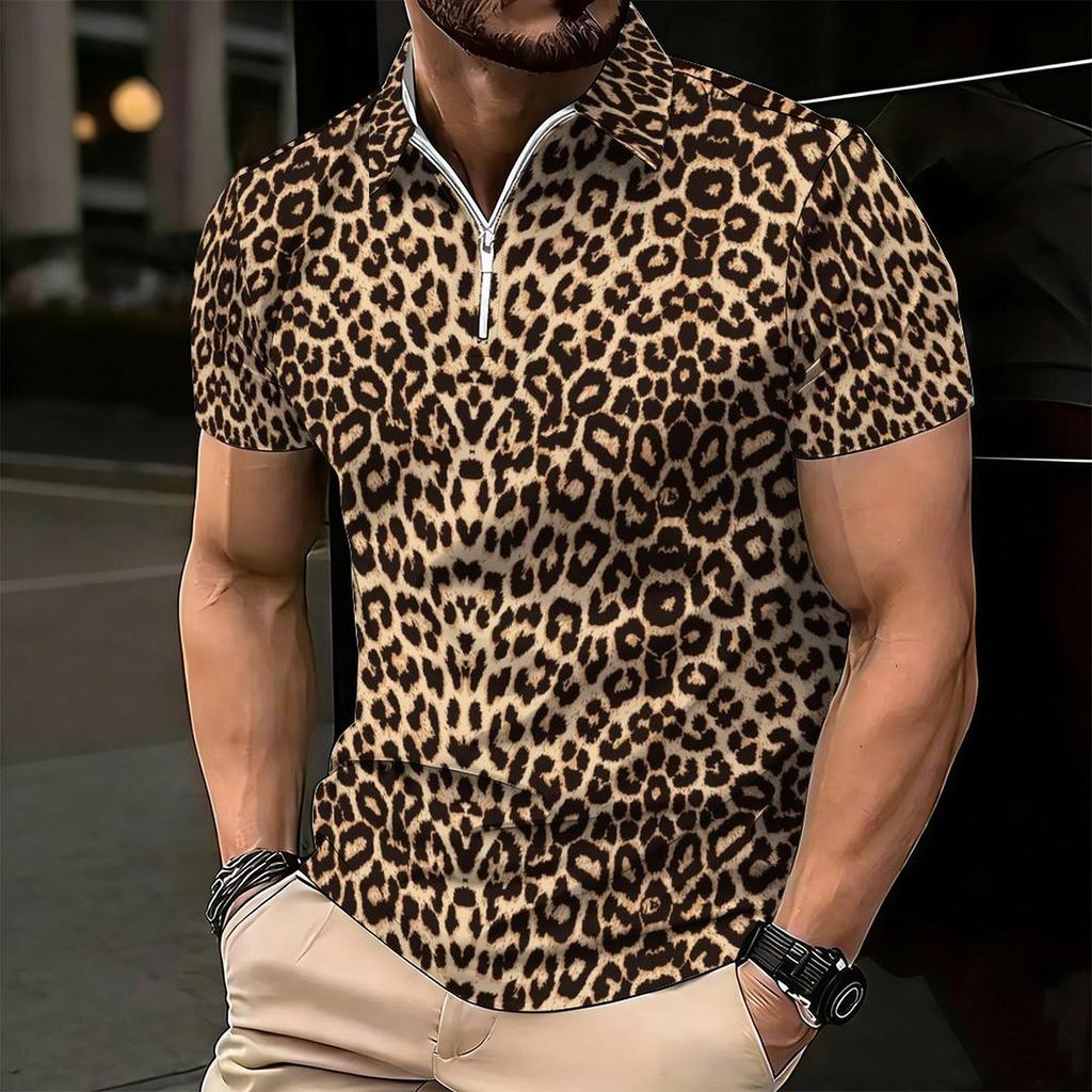 Dam Kortärmad Pikétröja Brun Gradient Svart Vit Leopardfläck Halvdragkedja Krage Topp