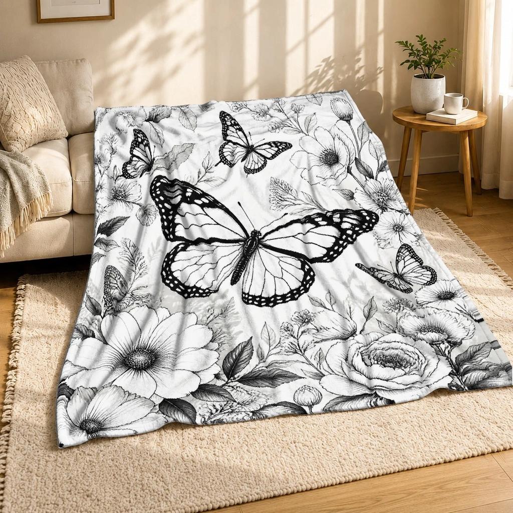 Monarch Butterfly Floral Coral Fleece Blanket Garden Decor
