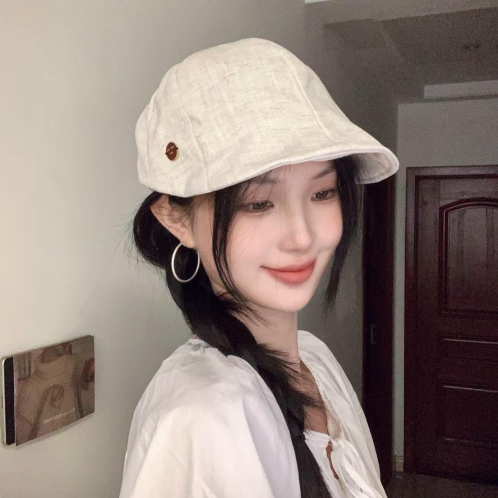 Spring and summer retro solid color cotton and linen duck tongue forward hat children show their faces small, light and breathable personalized beret 
