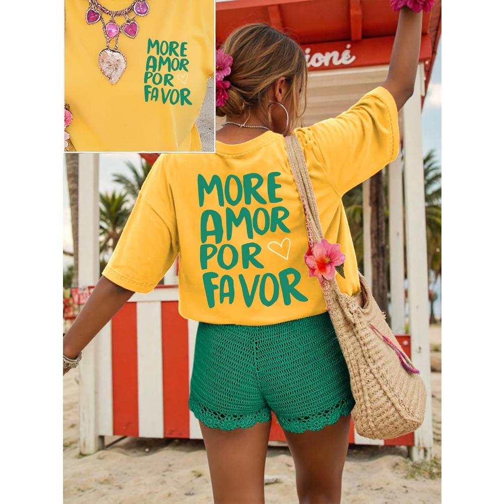 Damen Baumwolle Kurzarm T-Shirts Mehr Liebe Bitte Damen T-Shirt Retro Spanische Liebe Grafik Top