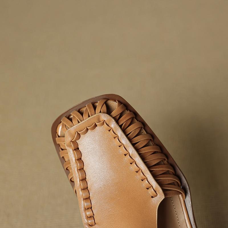 Fashion Women's new summer square head genuine leather cowhide low heel retro elastic buckle comfortable breathable hooded Roman sandals