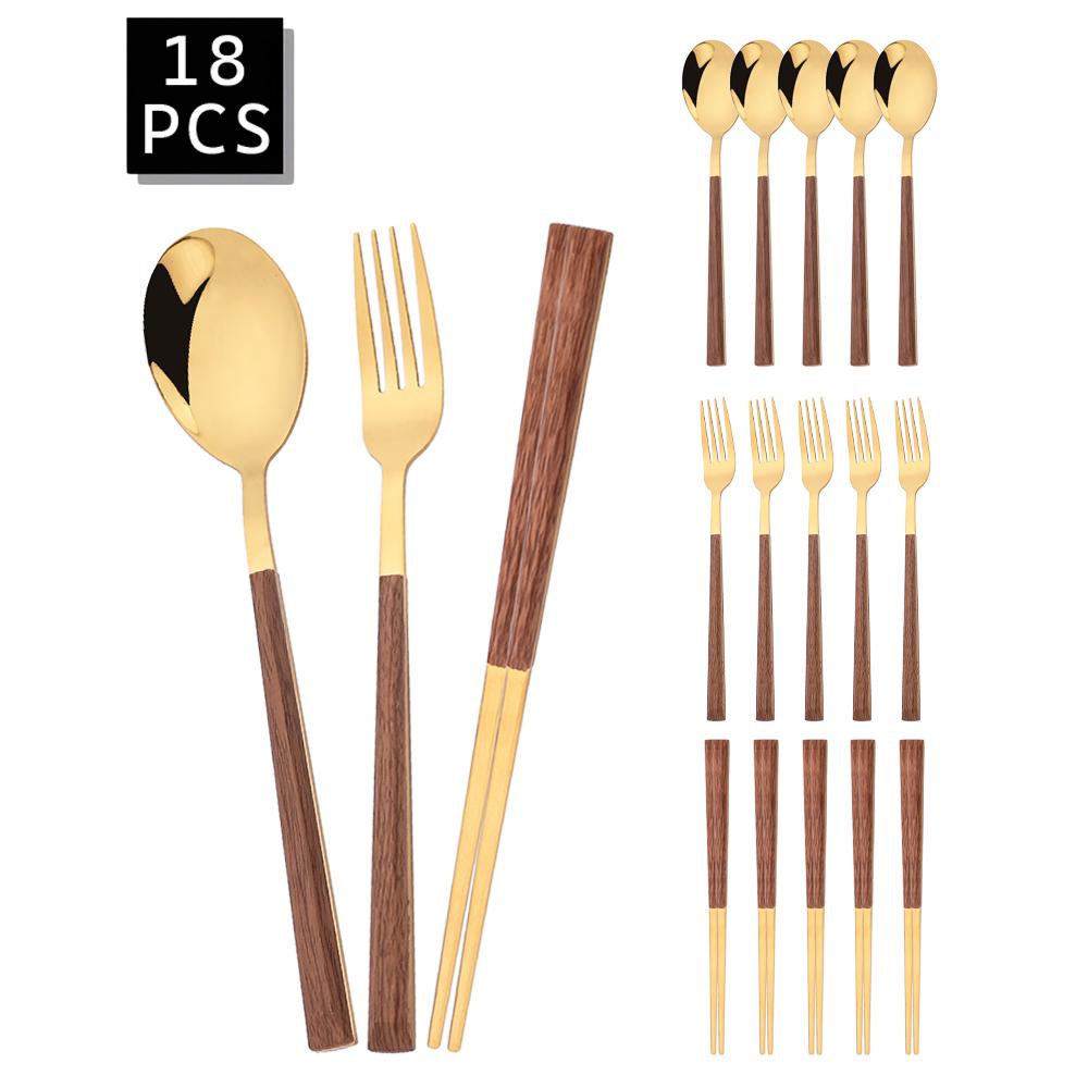 18Pcs Brown Silver Flatware Cutlery Set Chopsticks Spoon Fork Set Imitation Wooden Handle Korean Dinnerware Luxury Tableware Set