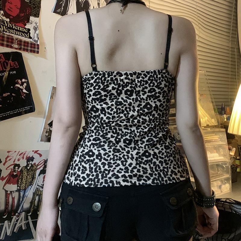 Top a canotta con stampa leopardata e pizzo patchwork, vestibilità aderente, sexy, camisole Y2K vintage, scollo a V, spalline sottili, gilet estivo da donna, nuovo