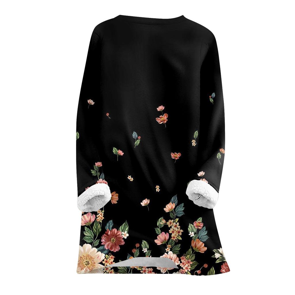 Women's Round Neck Top Printing Thickened Plush Cashmere Warm Long Top