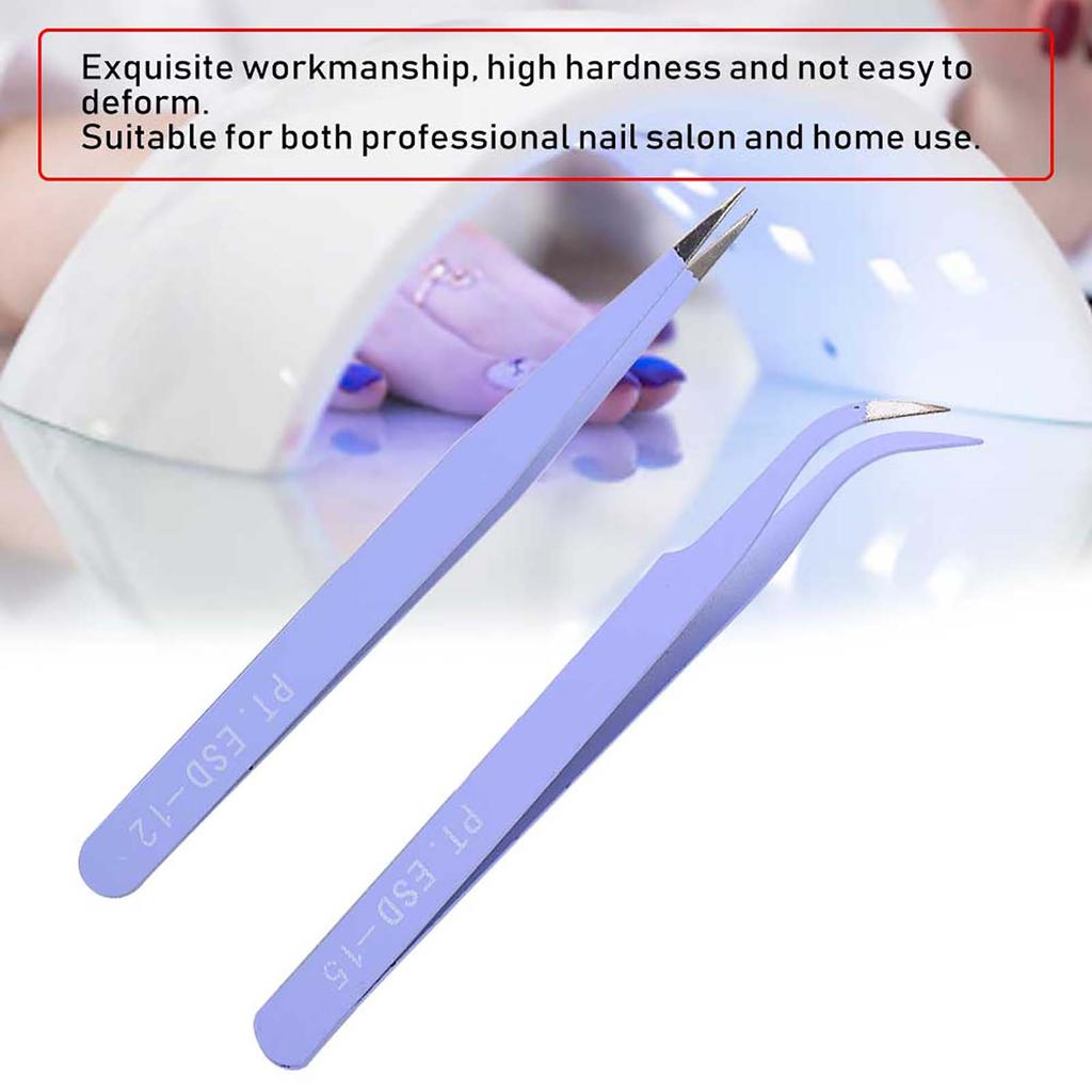 2Pcs Stainless Steel Nail Art Tweezers Anti Static Straight Curved Manicure Tweezers Purple