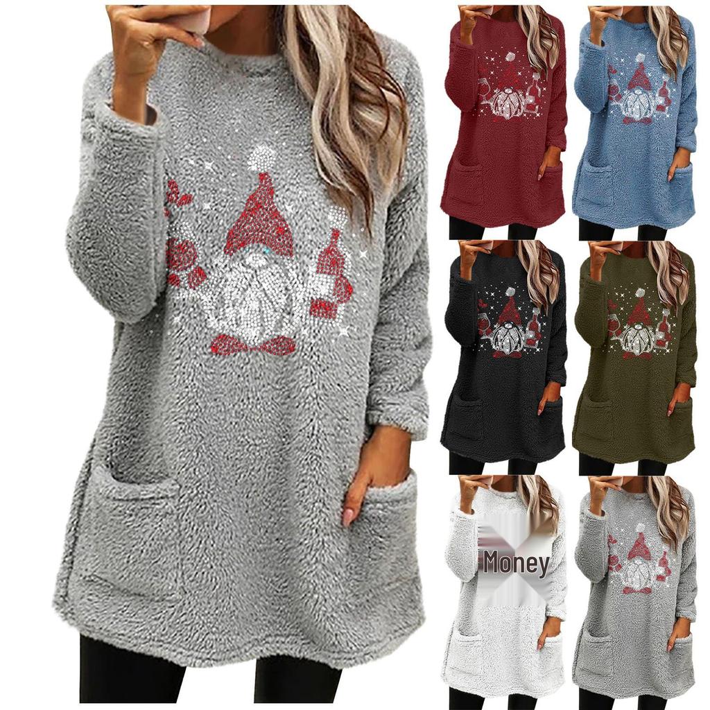 European & American Women's Christmas Snowman Print Plush Hoodie - Round Neck, Loose Fit, Long Sleeve with Pockets.