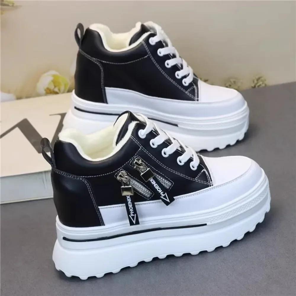 Fashion 9cm Fashion Cashmere Warm Lace-up Small White Shoes Increase Round Head Casual Winter Large Size Muffin Women's Cotton Shoes