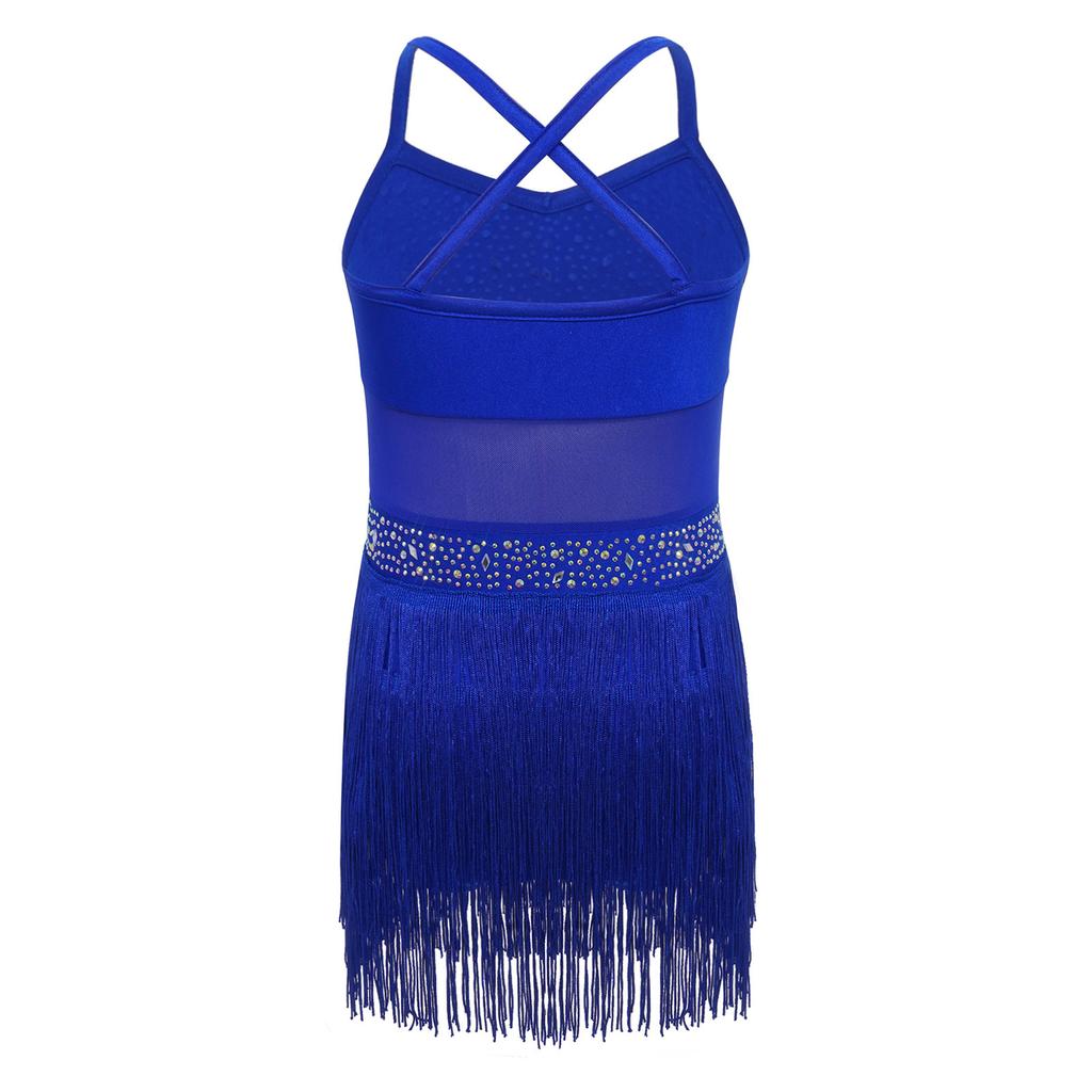 Sukienka na występ w tańcach latynoamerykańskich i tango dla dziewczynek: Strojowy body z naszywkami z dżetów i siateczką, z wielopoziomowym frędzlem