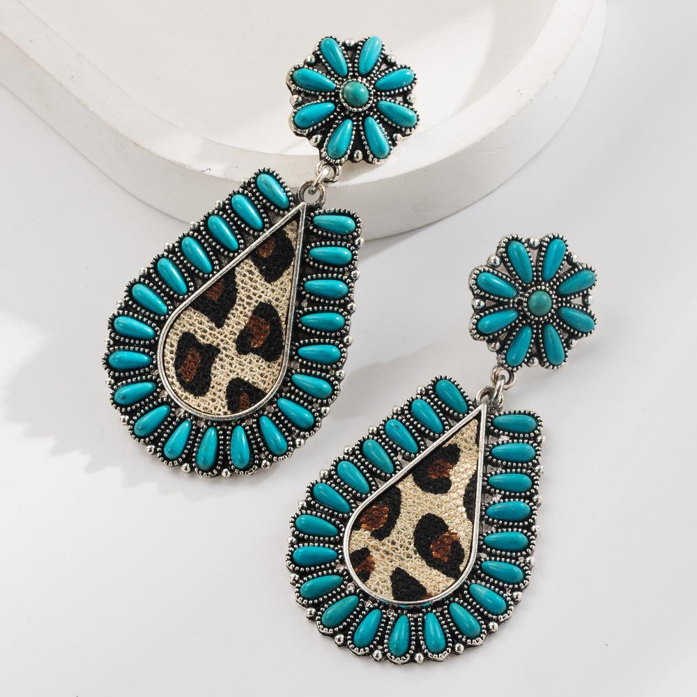 Ethnic style earrings retro court style with turquoise leopard print leather exaggerated personality earrings