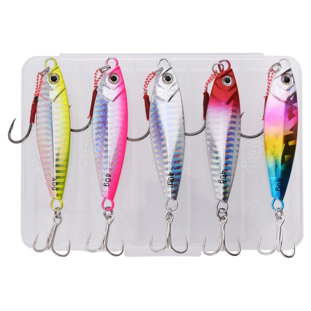 5 Pieces Boxed Artificial Hard Bait Lead Fish Jigs with Blood Groove Hooks for Bass & Trout Ocean Boat Fishing Slow Jigging