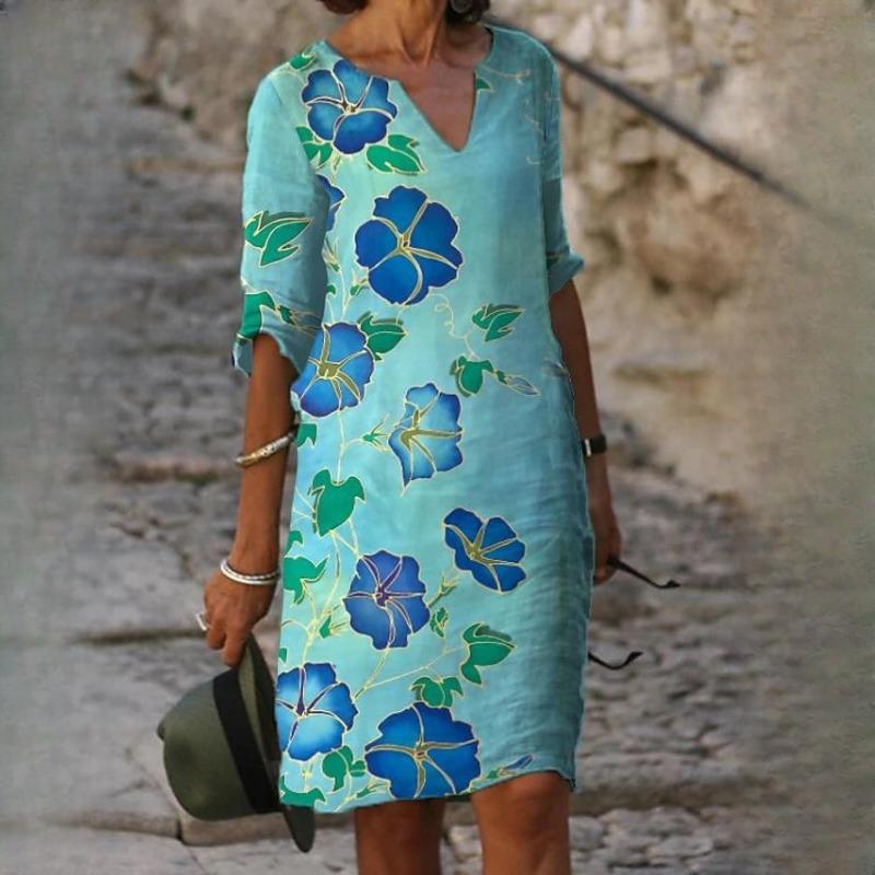 IHUASU Damen Sommer Bedruckt Lose Bambusfaser Leinen Blumen Kurzarm Damen Vintage Literatur Rundhals Fünf Punkte Ärmel