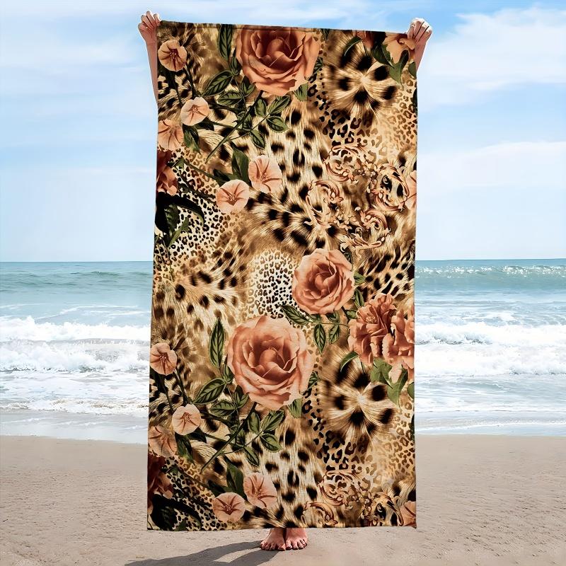 Leopard Print Vintage Rose Floral Beach Towel Wild Animal Skin Flower Pattern Microfiber Sand Quick Dry Large Soft Towel
