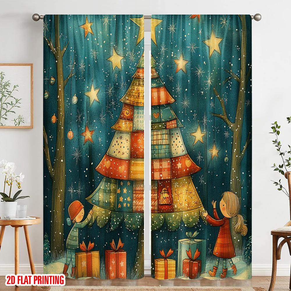 2pcs,2D plane printing Curtain Popular Charming Festive Christmas Tree Scene (2) Polyester (without rod) Home Decor for Bedroom,