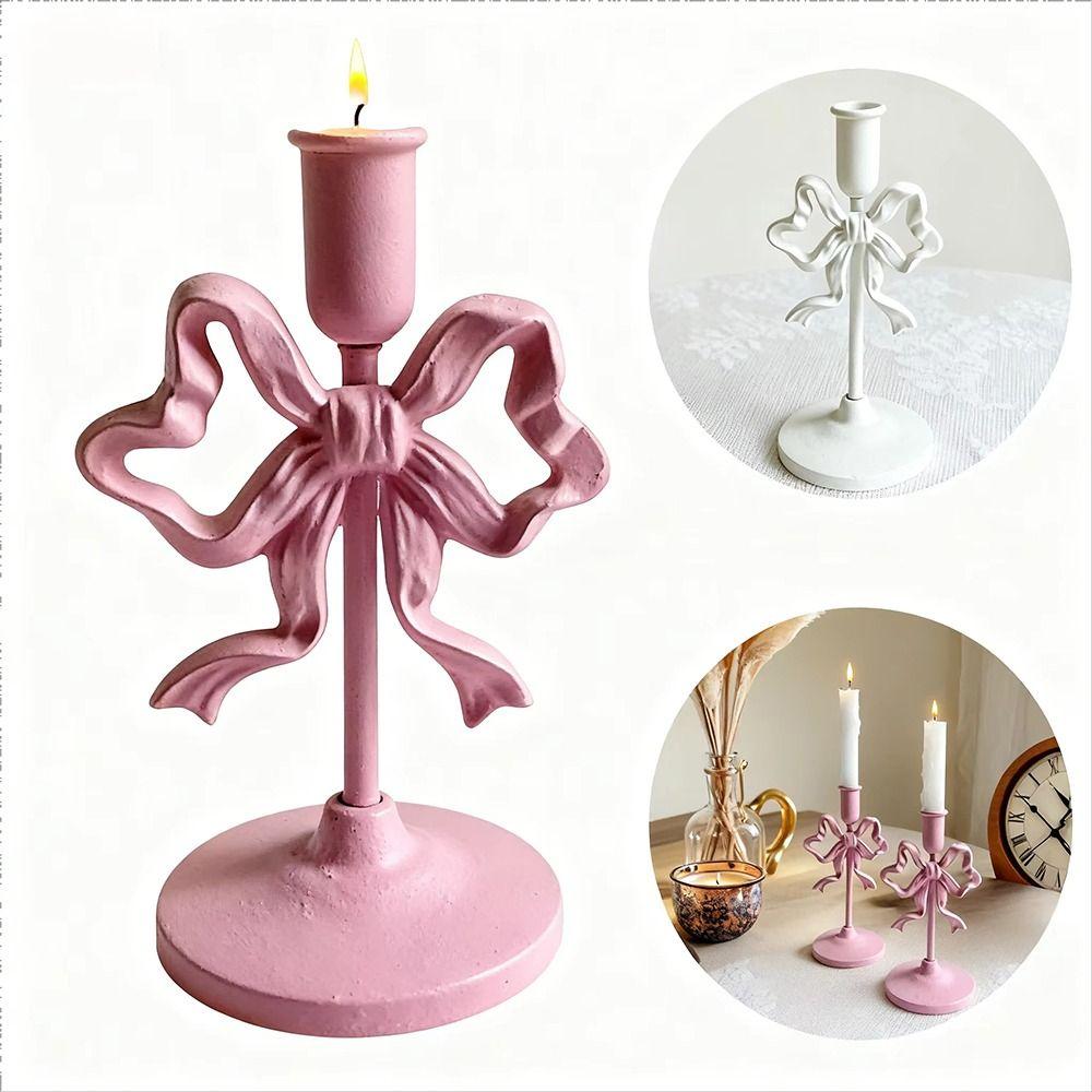 High Footed French Bow Candlestick Wrought Iron Candle Containers Bowknot Candle Holder  Desktop