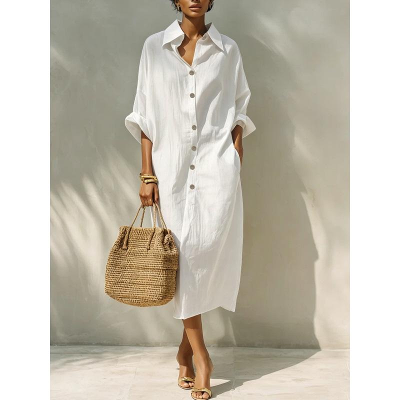 European and American women's new loose long single-breasted lapel design shirt dress women