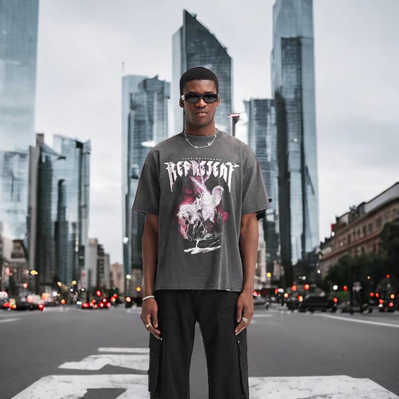 

American Retro Lightning Witch Horse Vintage Loose Cotton T-Shirt Medium мити чорний колір